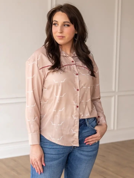 Grace And Emma Tops - Womens Blush Button-Down Shirt with Contrast Trim